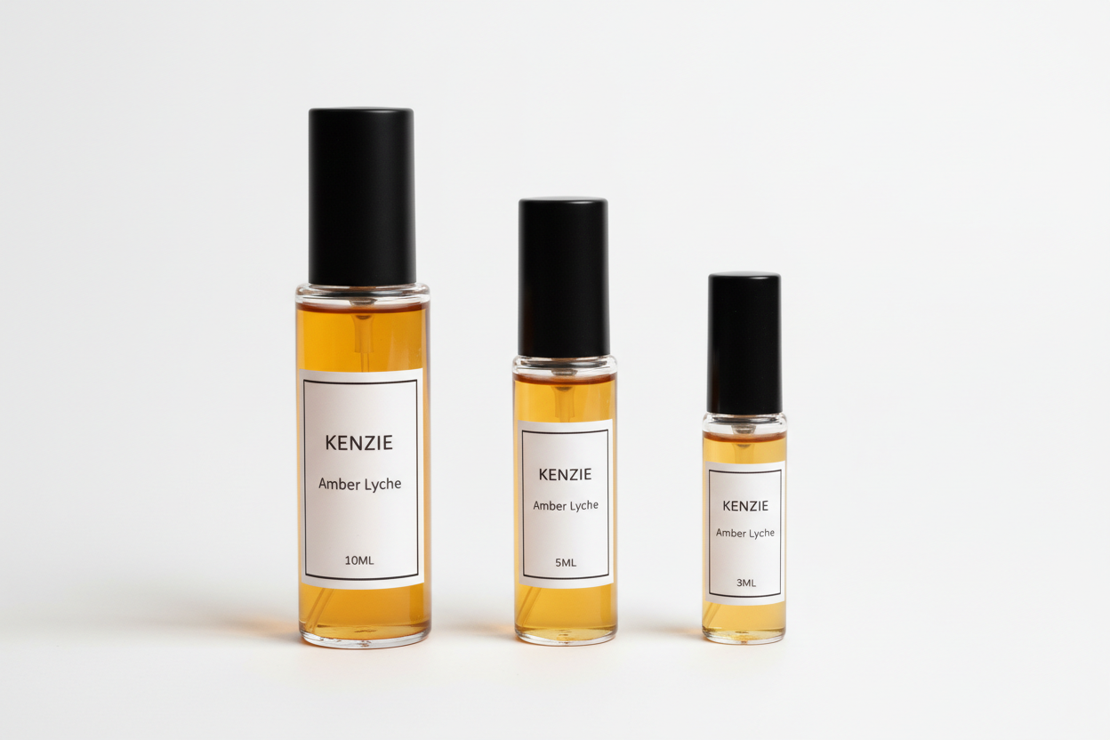 Trois decants KENZIE Amber Lyche 10ml 5ml 3ml sur fond blanc